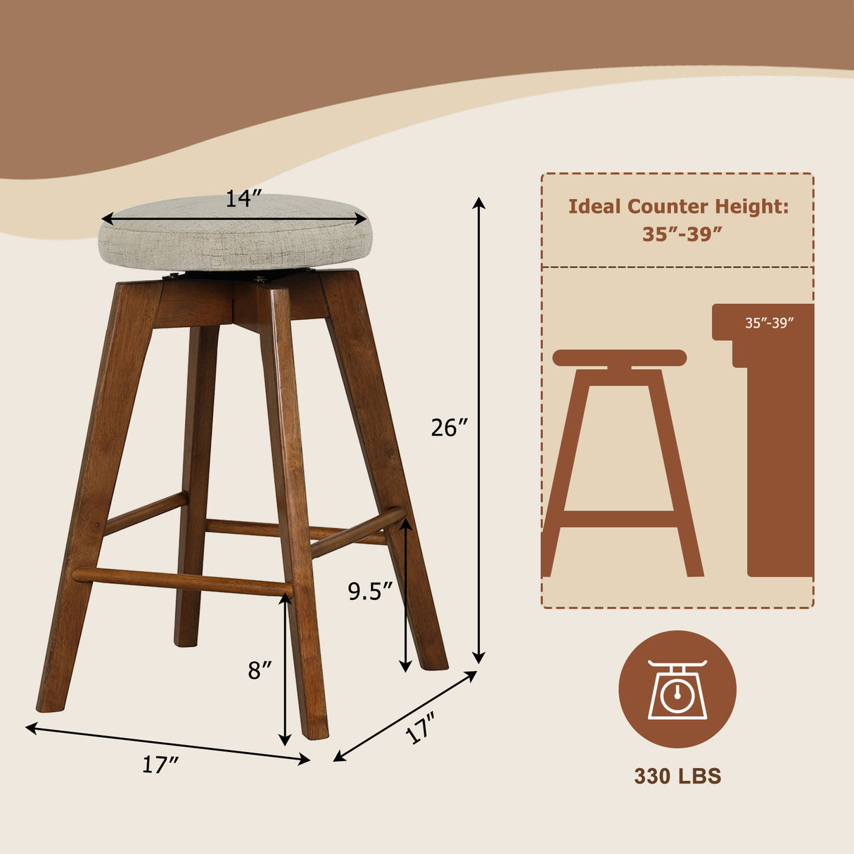 2 Pieces 26 Inch Backless Swivel Barstools with Linen Fabric Seat-Beige
