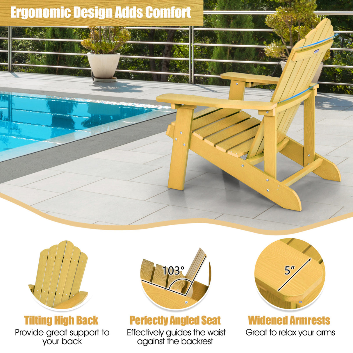 2 Pieces Adirondack Chair Set with Ergonomic Design for Porch and Backyard
