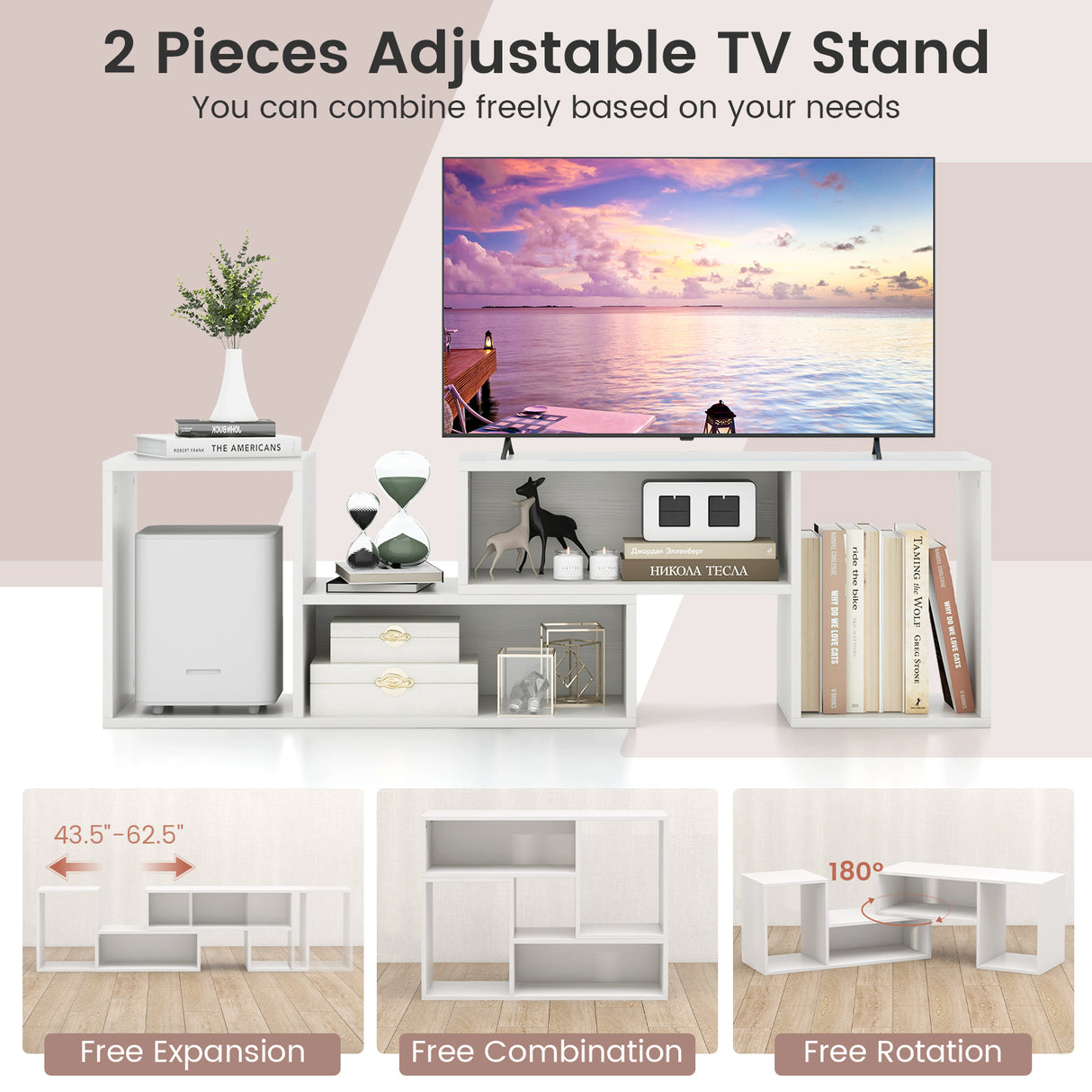 2 Pieces Adjustable TV Stand for TVs up to 55 Inch with Storage Cubes