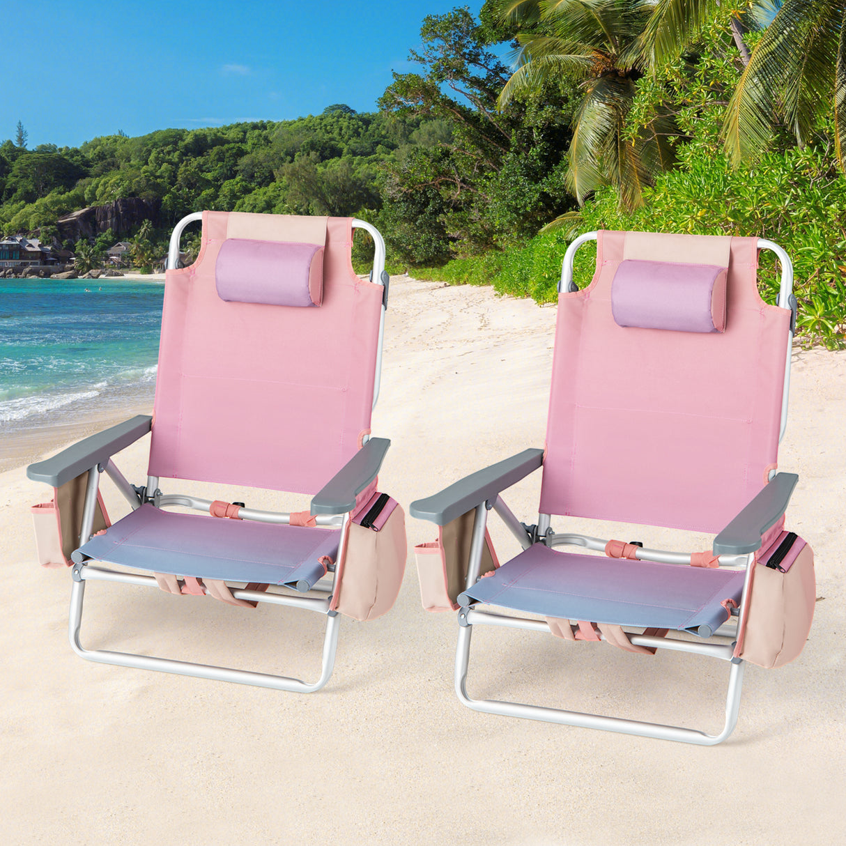 2-Pack Folding Backpack Beach Chair 5-Position Outdoor Reclining Chairs with Pillow