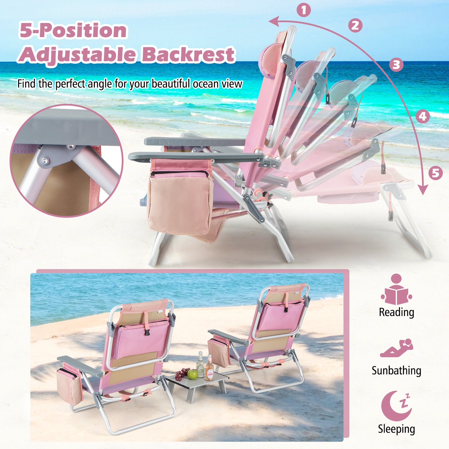 2-Pack Folding Backpack Beach Chair 5-Position Outdoor Reclining Chairs with Pillow