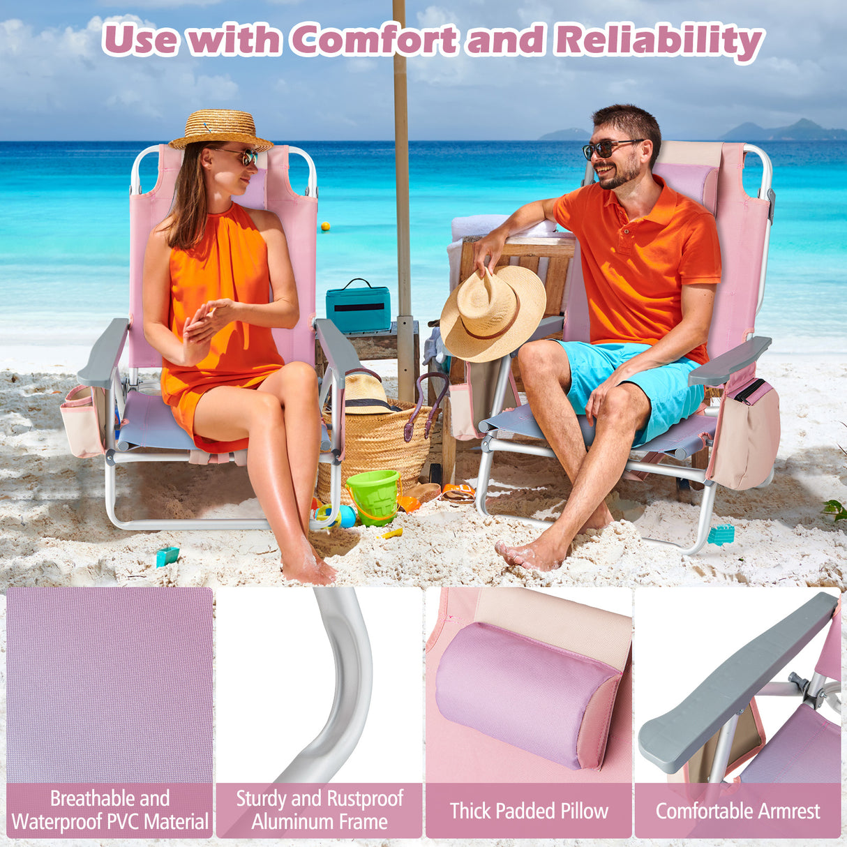 2-Pack Folding Backpack Beach Chair 5-Position Outdoor Reclining Chairs with Pillow