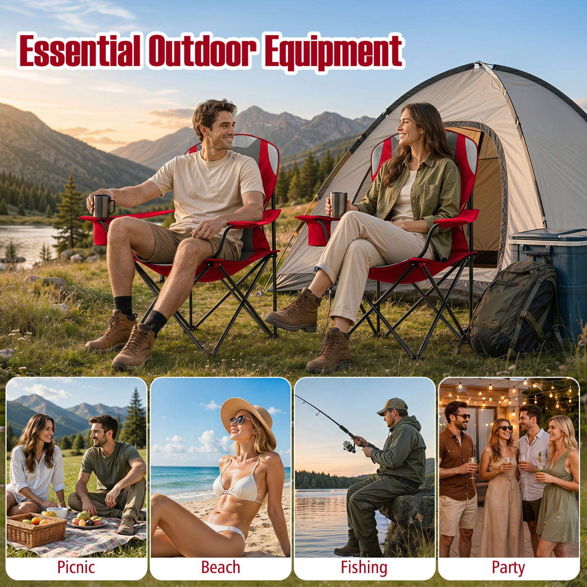 2 Pieces Folding Camping Chairs for Adults with Cup Holders