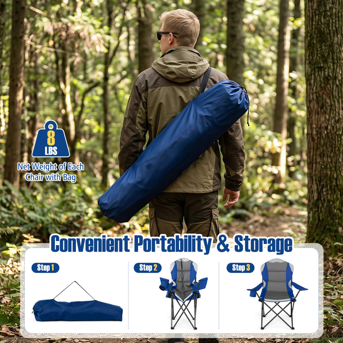 2 Pieces Folding Camping Chairs for Adults with Cup Holders