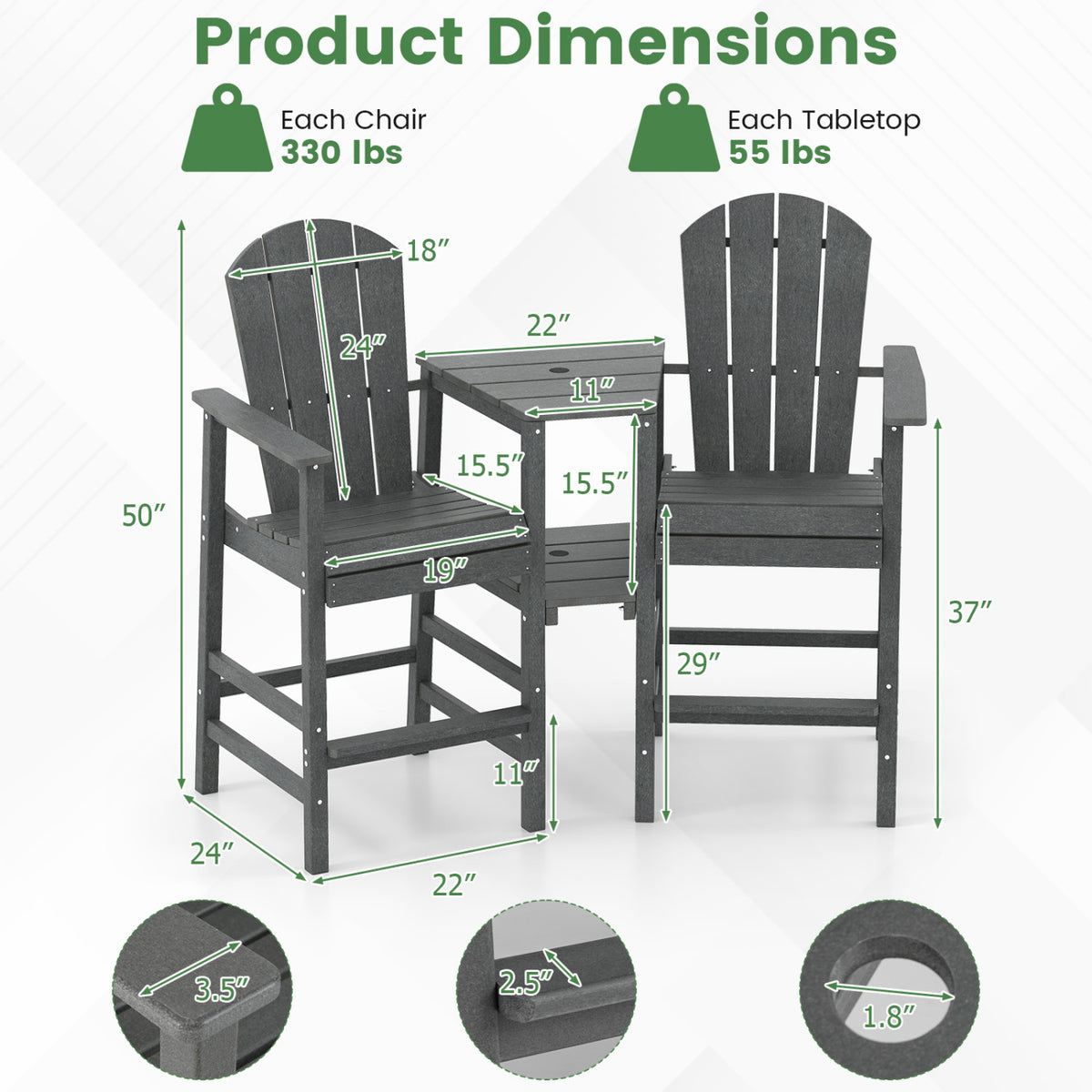 2 Pieces HDPE Tall Adirondack Chair with Middle Connecting Tray