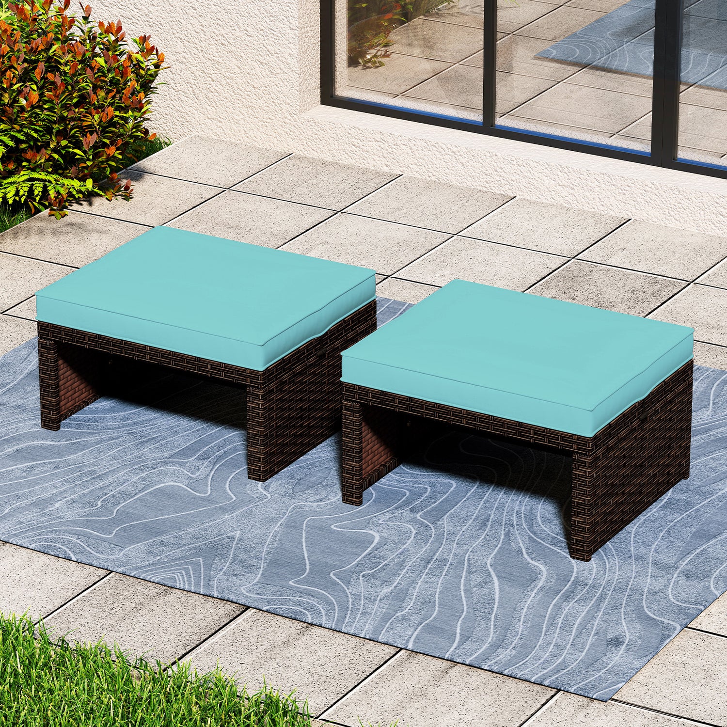 Multipurpose Outdoor 2 Pieces Patio PE Rattan Ottomans Footstool