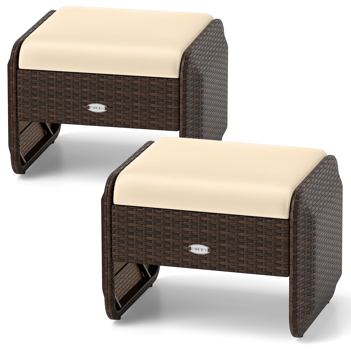 2 Pieces Outdoor Patio PE Wicker Ottomans with Removable Cushions