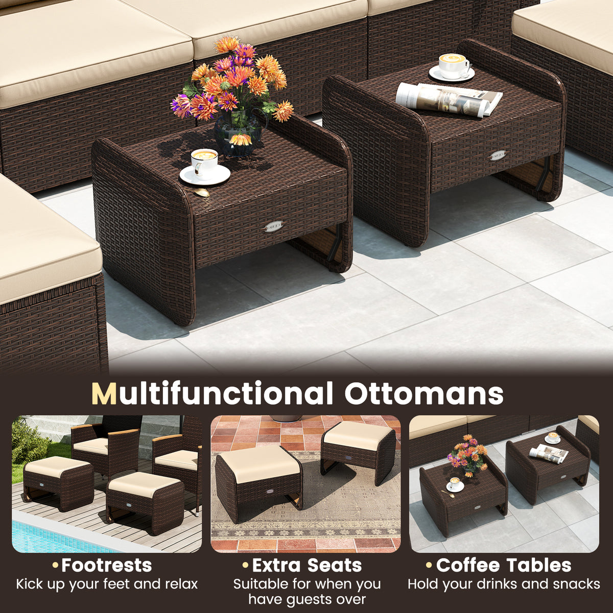 2 Pieces Outdoor Patio PE Wicker Ottomans with Removable Cushions