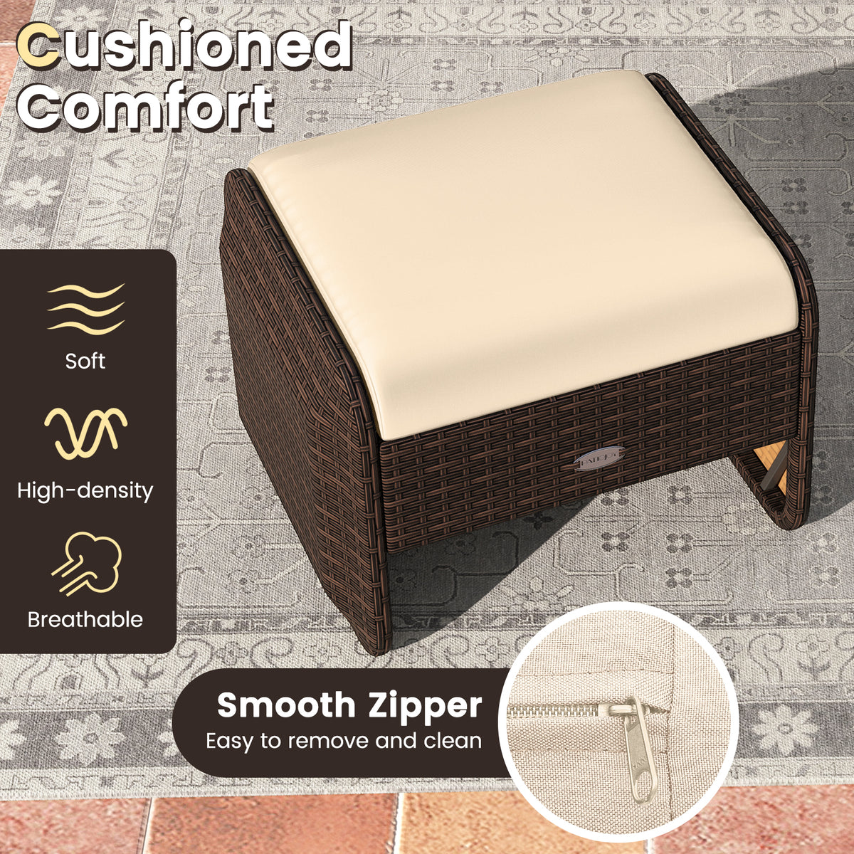 2 Pieces Outdoor Patio PE Wicker Ottomans with Removable Cushions