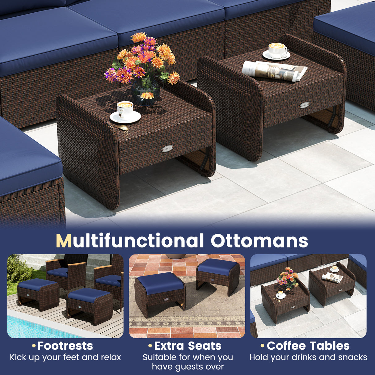 2 Pieces Outdoor Patio PE Wicker Ottomans with Removable Cushions