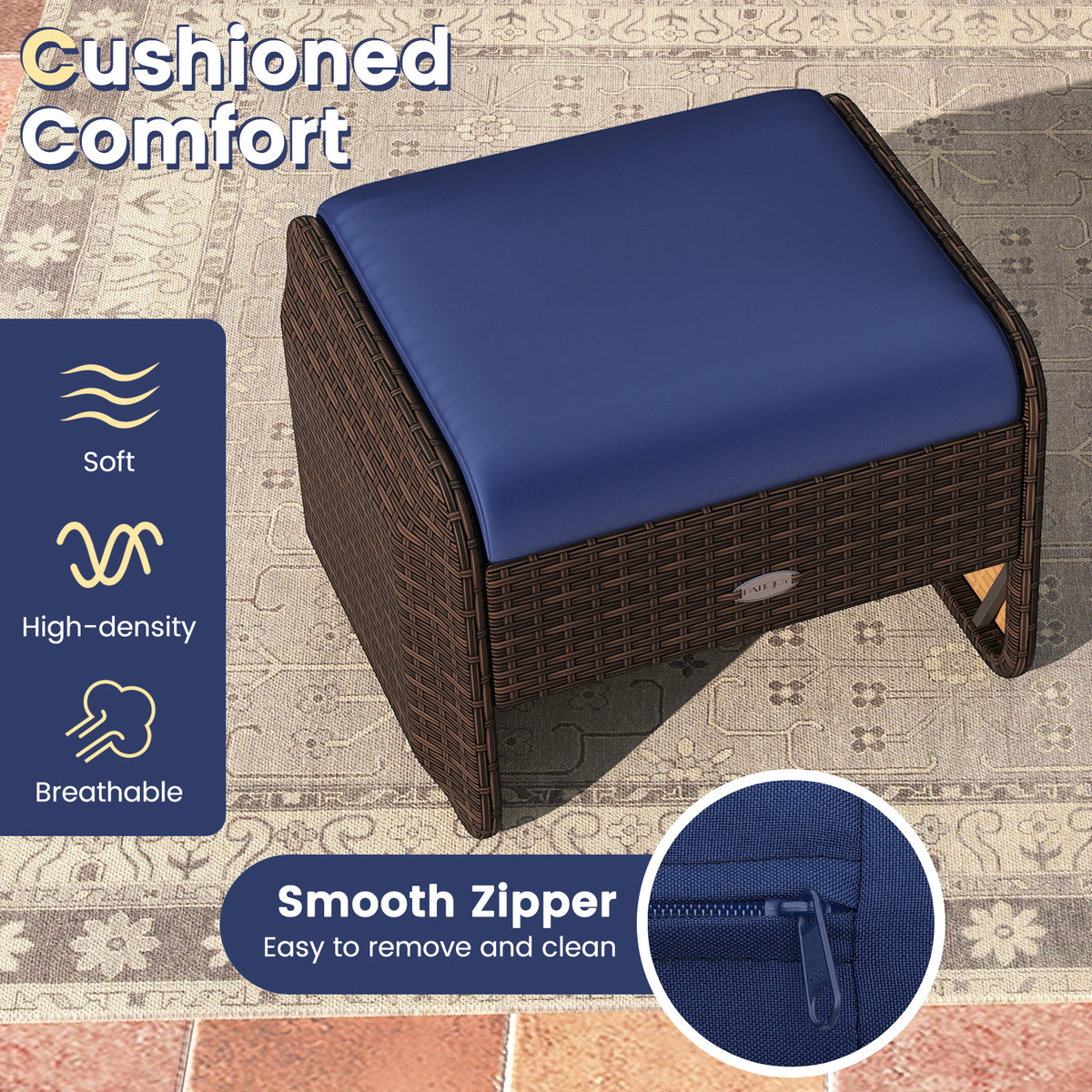 2 Pieces Outdoor Patio PE Wicker Ottomans with Removable Cushions