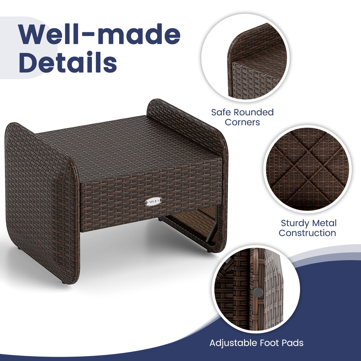 2 Pieces Outdoor Patio PE Wicker Ottomans with Removable Cushions