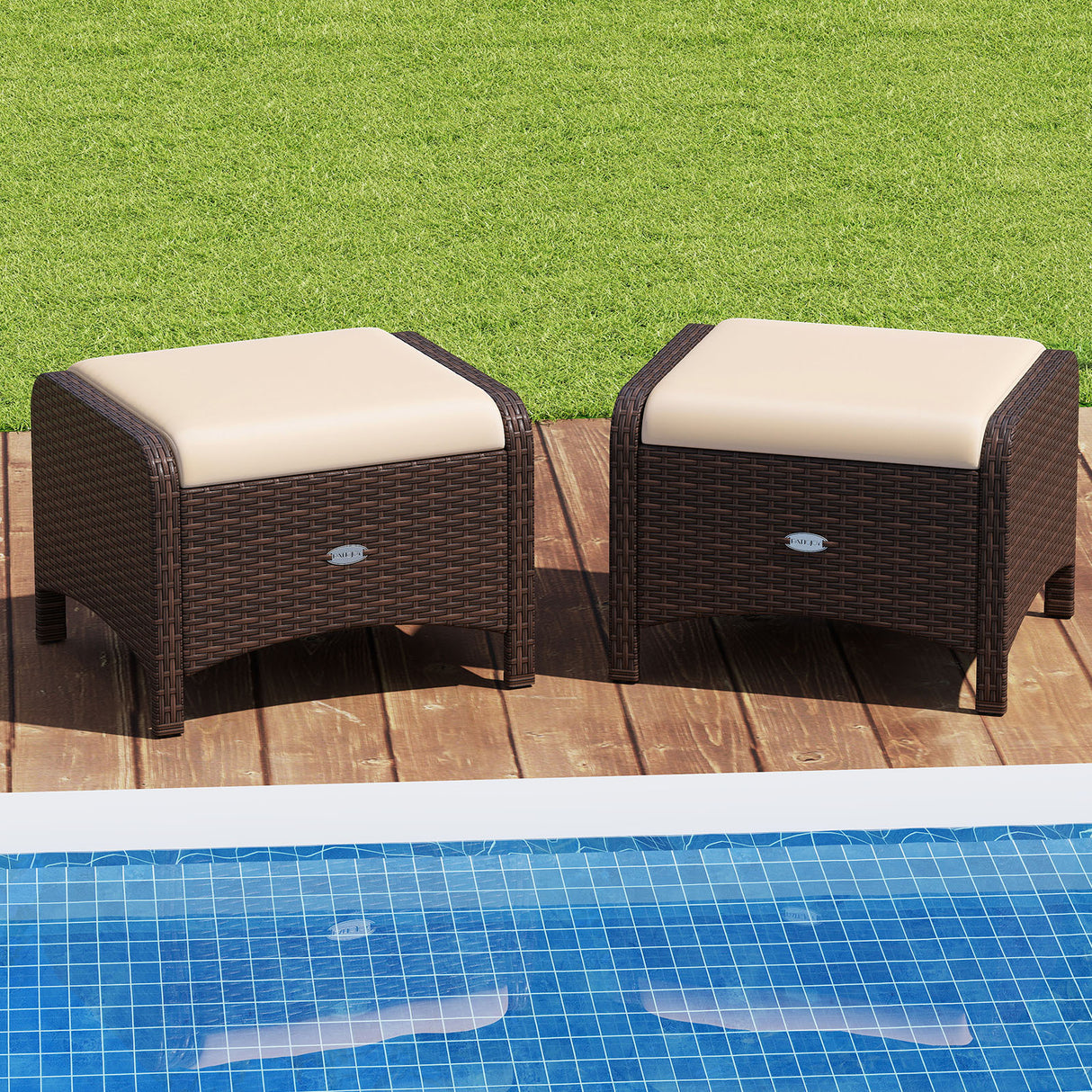 2 Pieces Outdoor Patio PE Wicker Ottomans with Removable Cushions