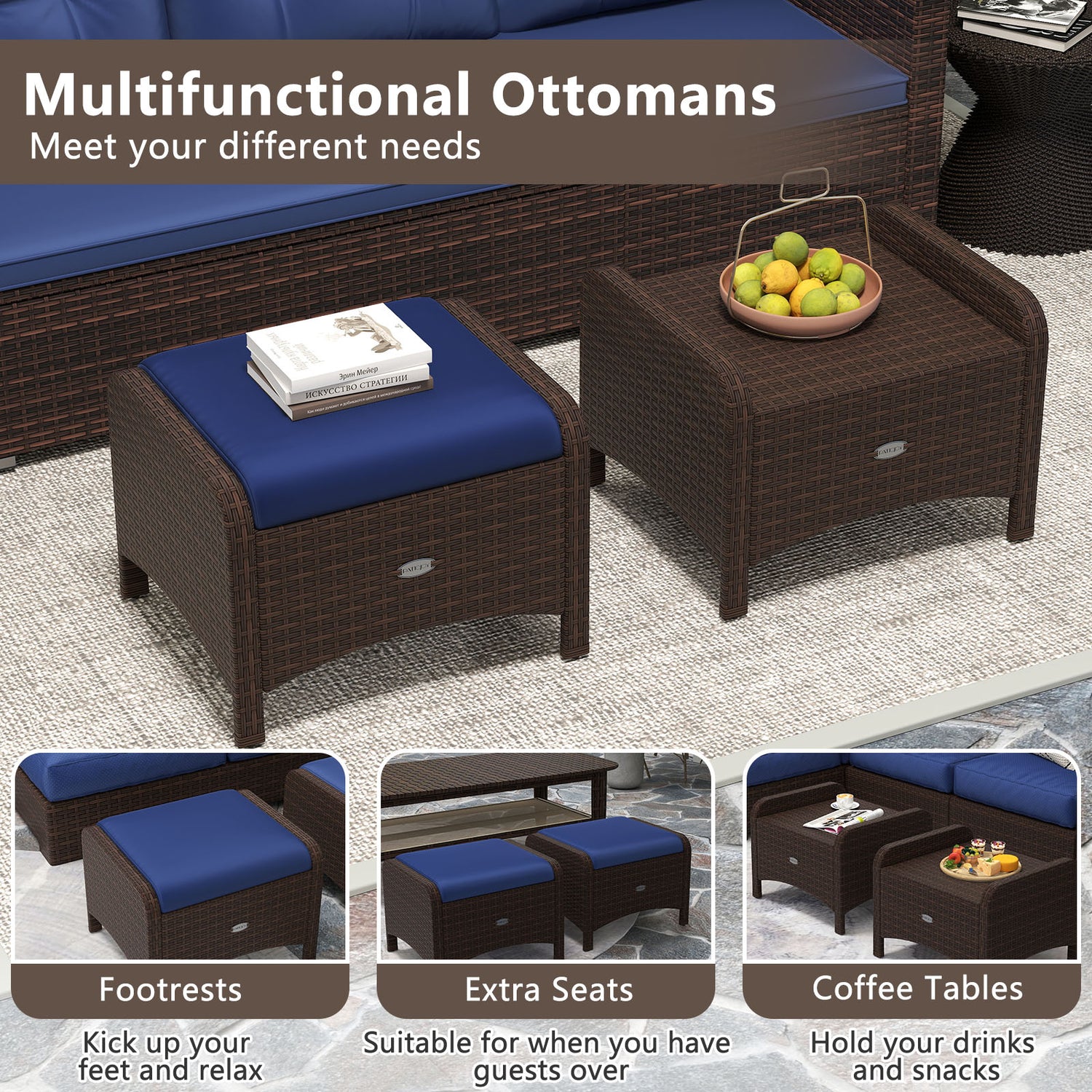 2 Pieces Outdoor Patio PE Wicker Ottomans with Removable Cushions