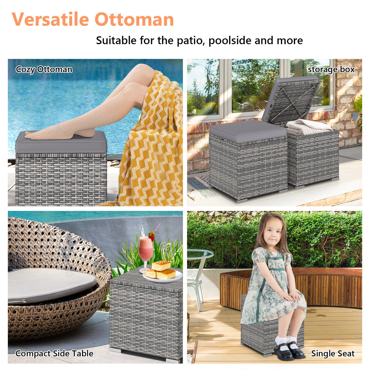 2 Pieces Patio Ottoman with Removable Cushions