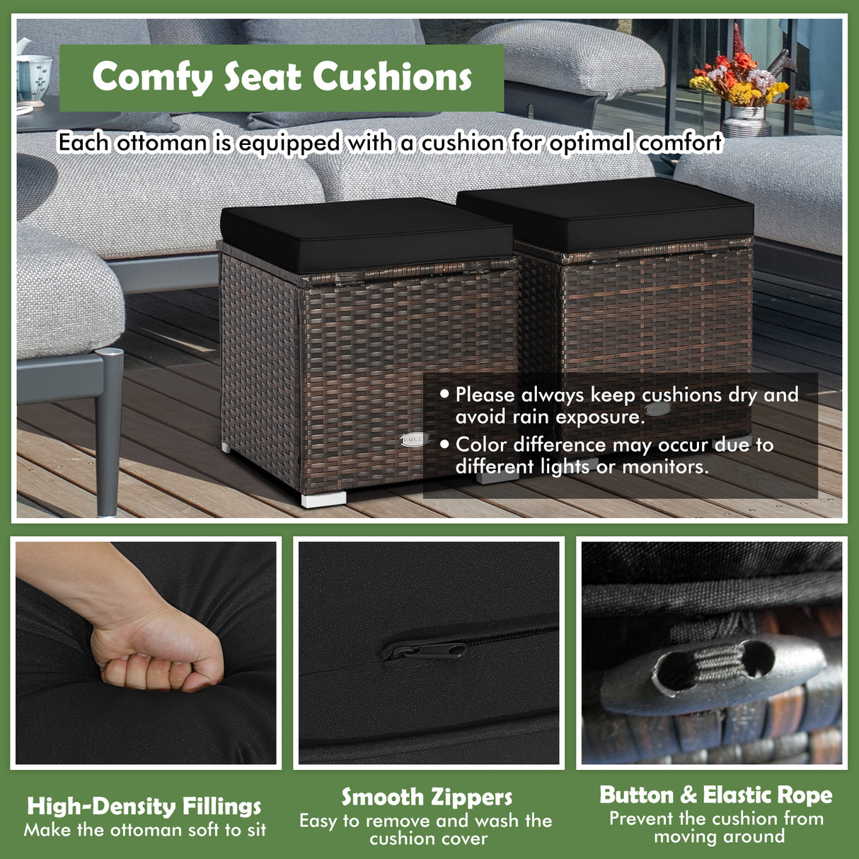 2 Pieces Patio Ottoman with Removable Cushions