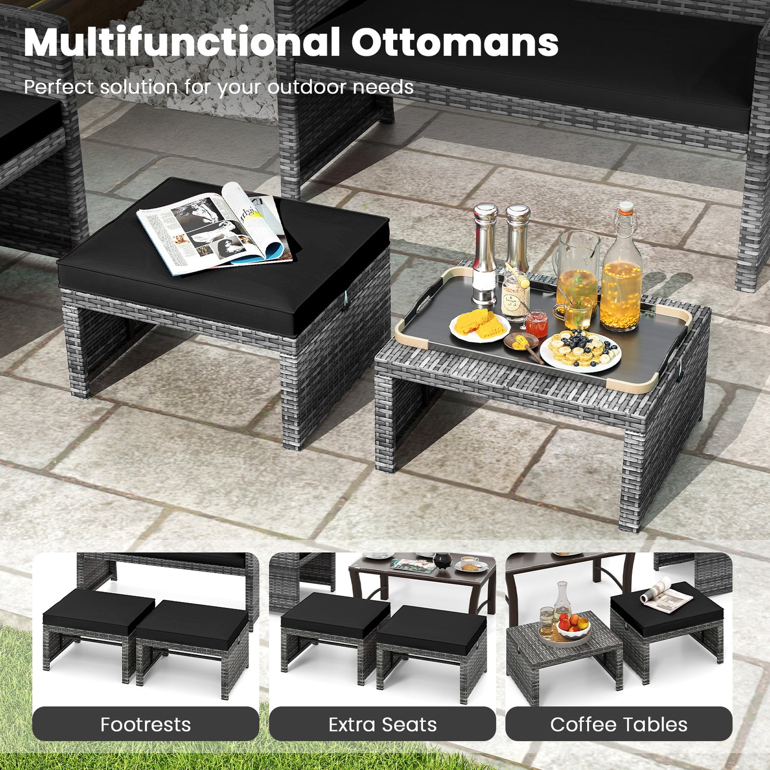 2 Pieces Patio PE Rattan Ottomans with Soft Zippered Cushions for Deck