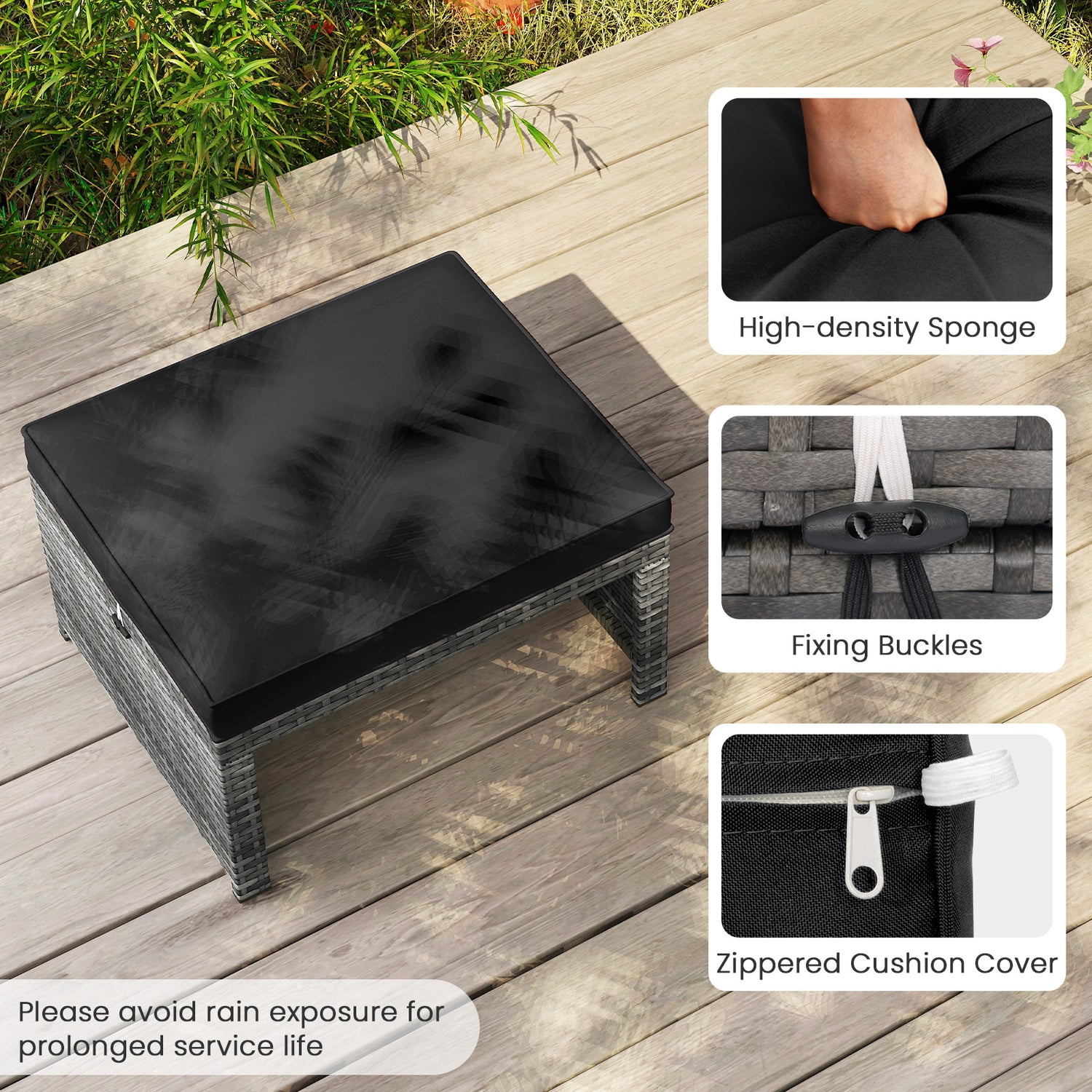 2 Pieces Patio PE Rattan Ottomans with Soft Zippered Cushions for Deck