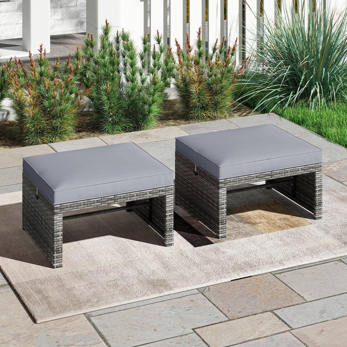 2 Pieces Patio PE Rattan Ottomans with Soft Zippered Cushions for Deck