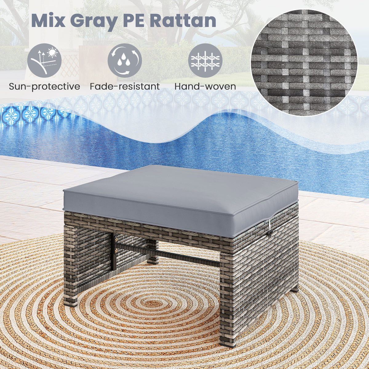 2 Pieces Patio PE Rattan Ottomans with Soft Zippered Cushions for Deck