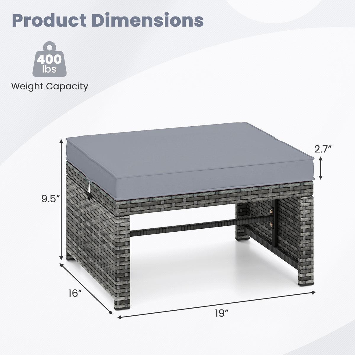 2 Pieces Patio PE Rattan Ottomans with Soft Zippered Cushions for Deck