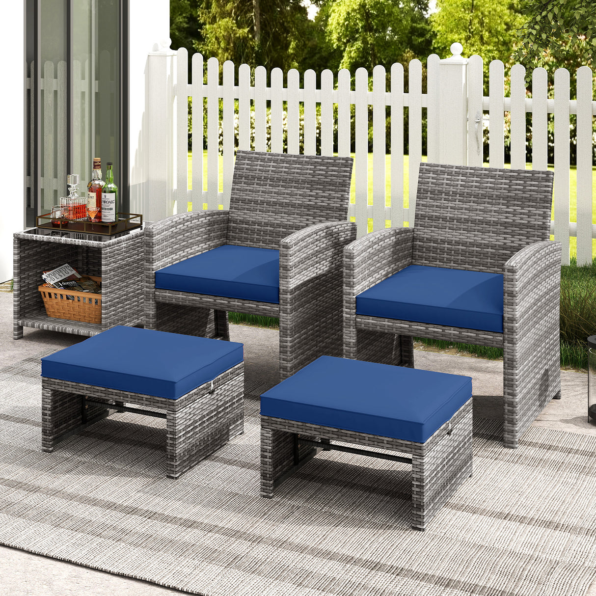 2 Pieces Patio PE Rattan Ottomans with Soft Zippered Cushions for Deck