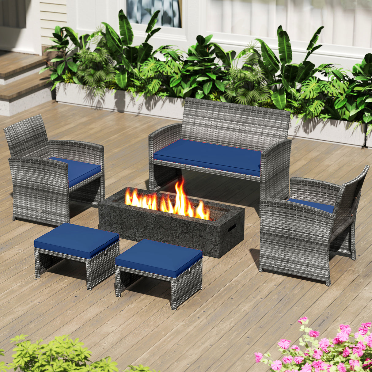 2 Pieces Patio PE Rattan Ottomans with Soft Zippered Cushions for Deck