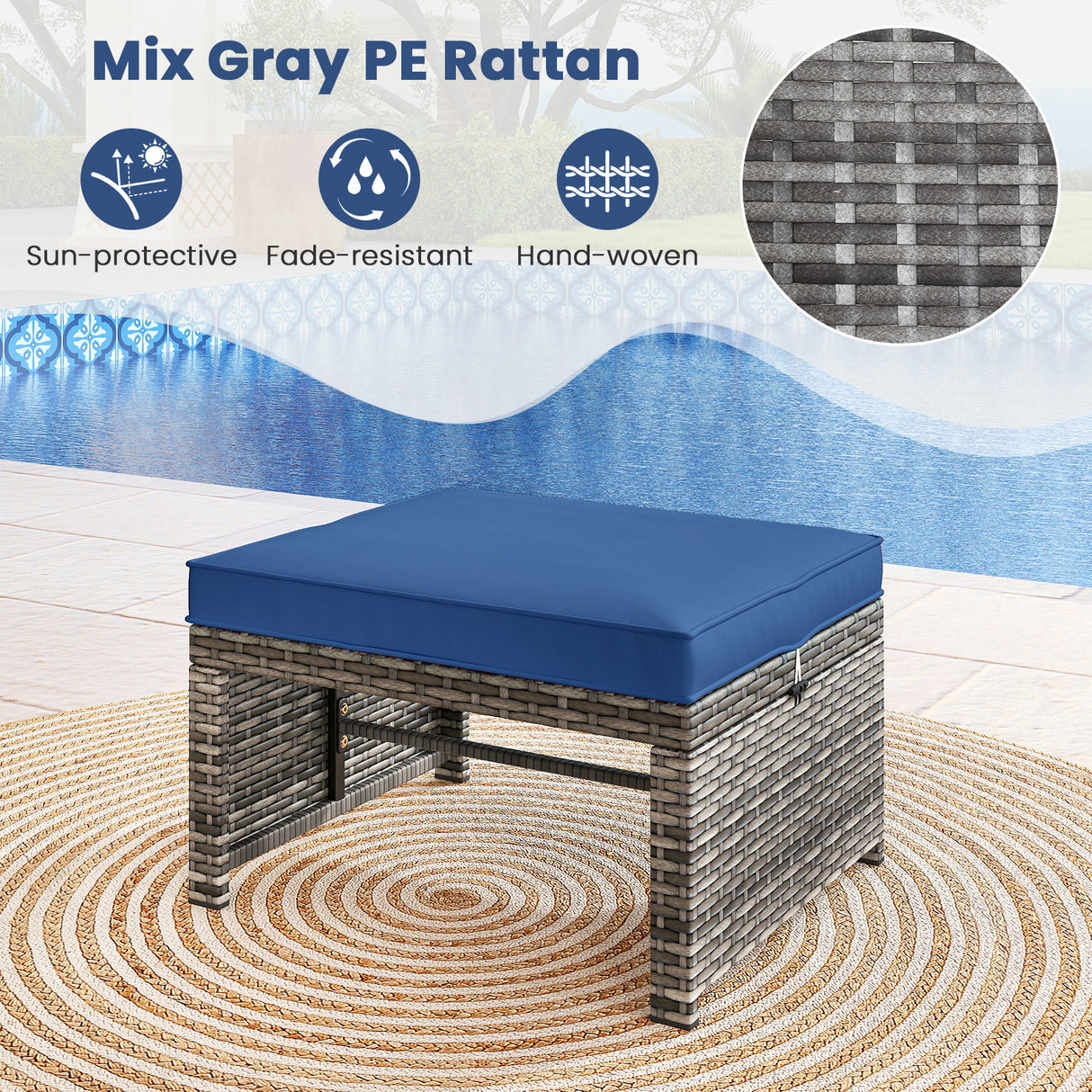 2 Pieces Patio PE Rattan Ottomans with Soft Zippered Cushions for Deck