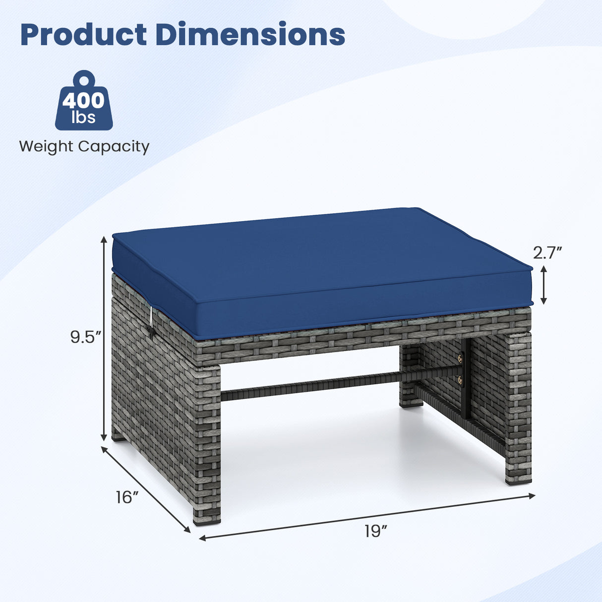 2 Pieces Patio PE Rattan Ottomans with Soft Zippered Cushions for Deck
