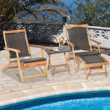 3 Pieces Patio Rattan Folding Lounge Chair Set of 2 with Acacia Wood Table