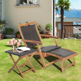 3 Pieces Patio Rattan Folding Lounge Chair Set of 2 with Acacia Wood Table
