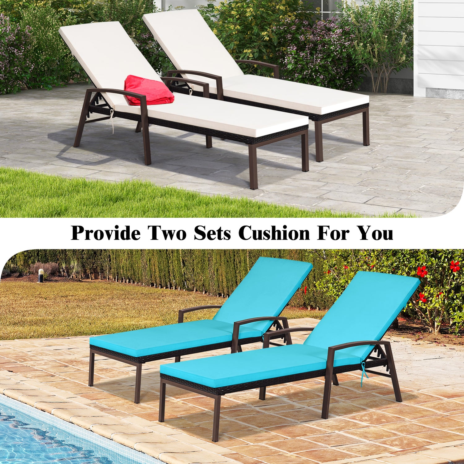 2 Pieces Patio Rattan Adjustable Back Lounge Chair with Armrest and Removable Cushions
