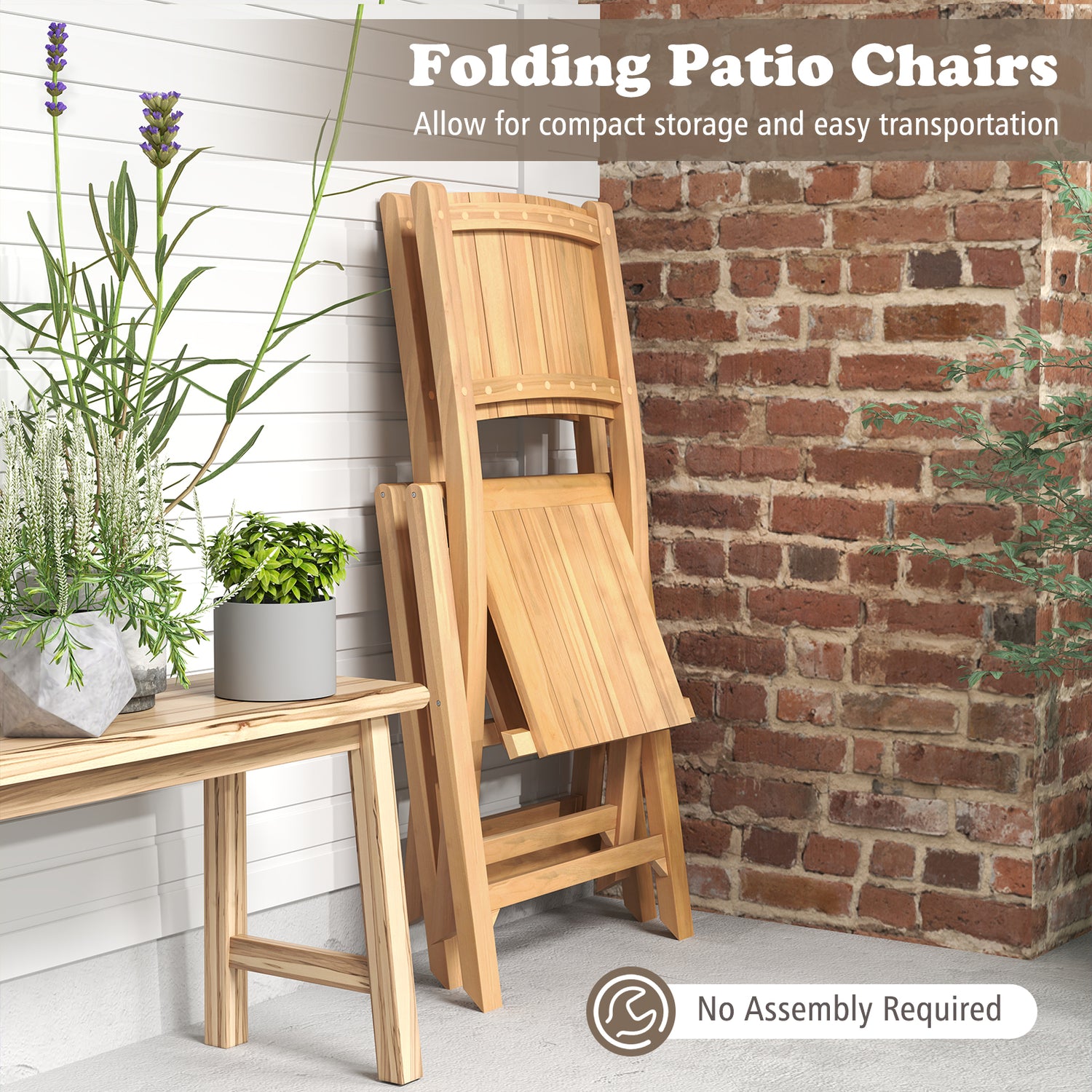 2 Pieces Teak Wood Outdoor Dining Chairs with Slatted Seat