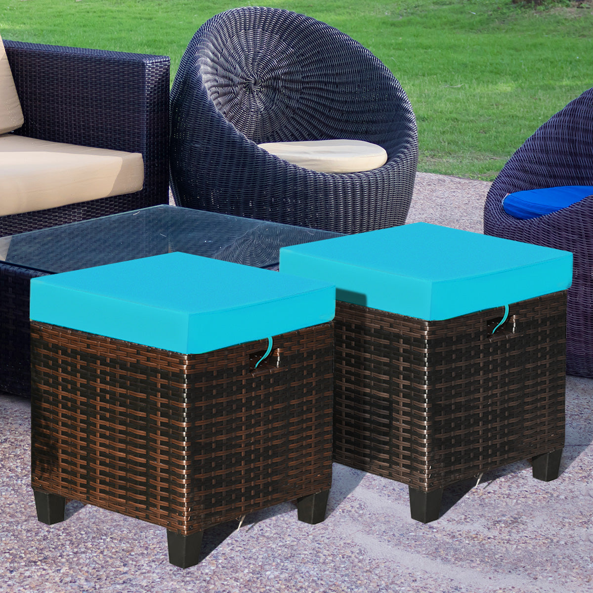 2 Pieces Patio Rattan Ottoman Set with Removable Cushions