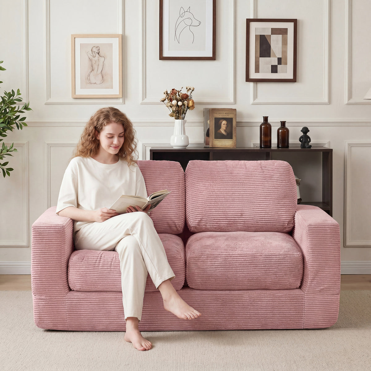 2-Seater Floor Couch Loveseat Foam Sofa with Removable Corduroy Cover