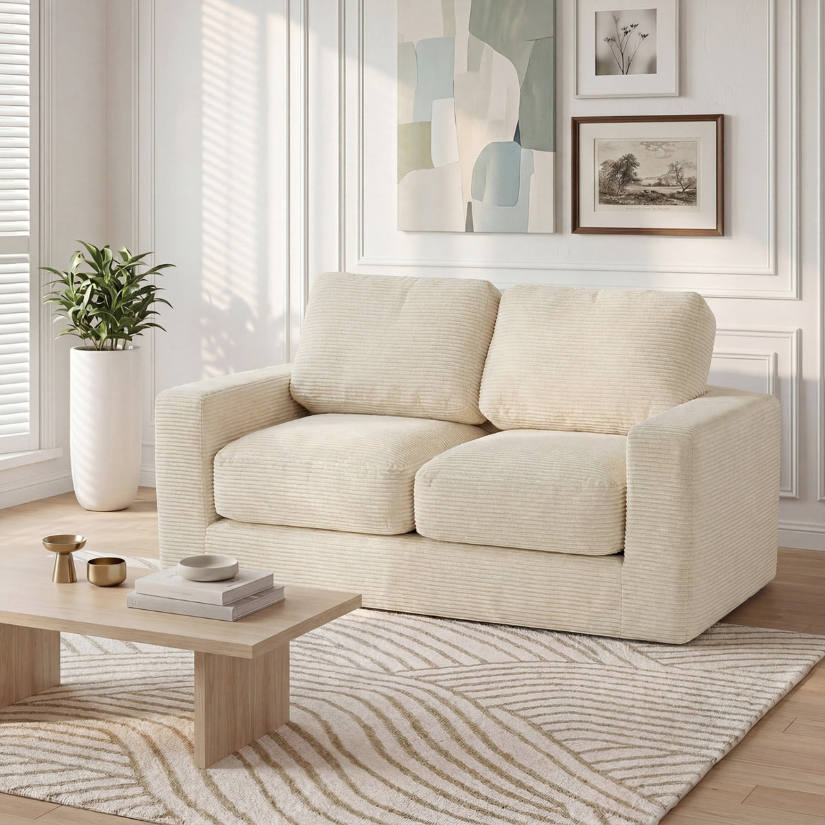 2-Seater Floor Couch Loveseat Foam Sofa with Removable Corduroy Cover