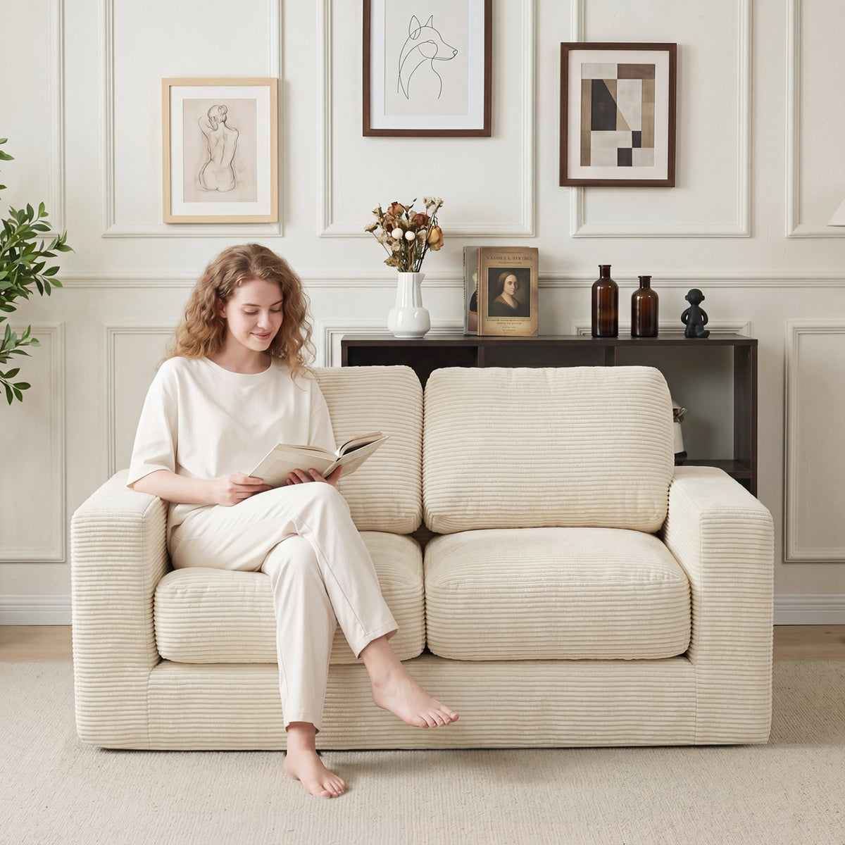 2-Seater Floor Couch Loveseat Foam Sofa with Removable Corduroy Cover