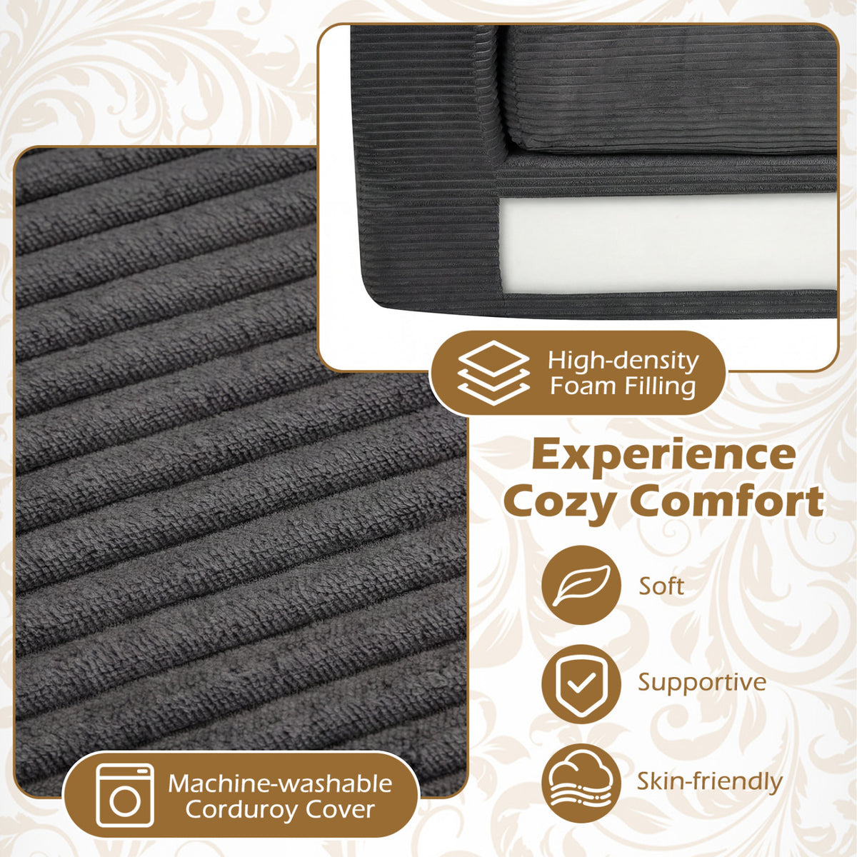 2-Seater Floor Couch Loveseat Foam Sofa with Removable Corduroy Cover