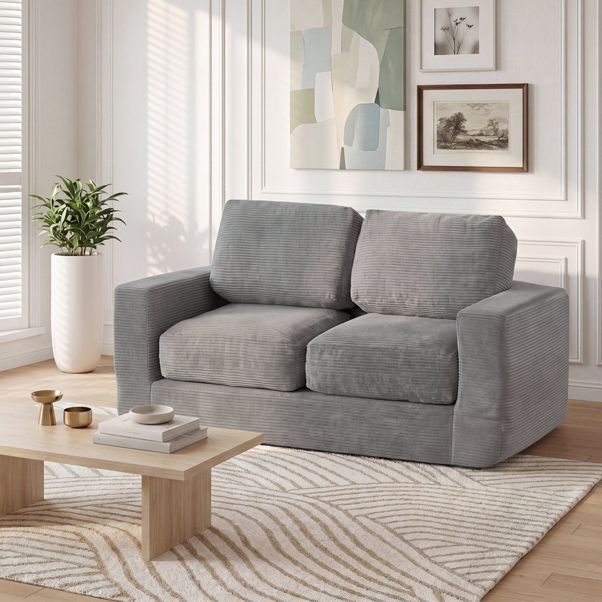 2-Seater Floor Couch Loveseat Foam Sofa with Removable Corduroy Cover
