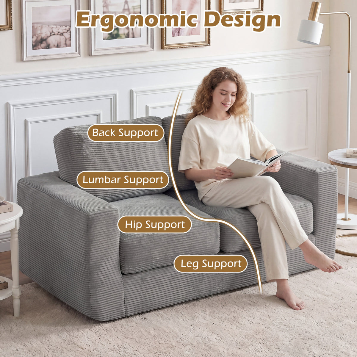 2-Seater Floor Couch Loveseat Foam Sofa with Removable Corduroy Cover