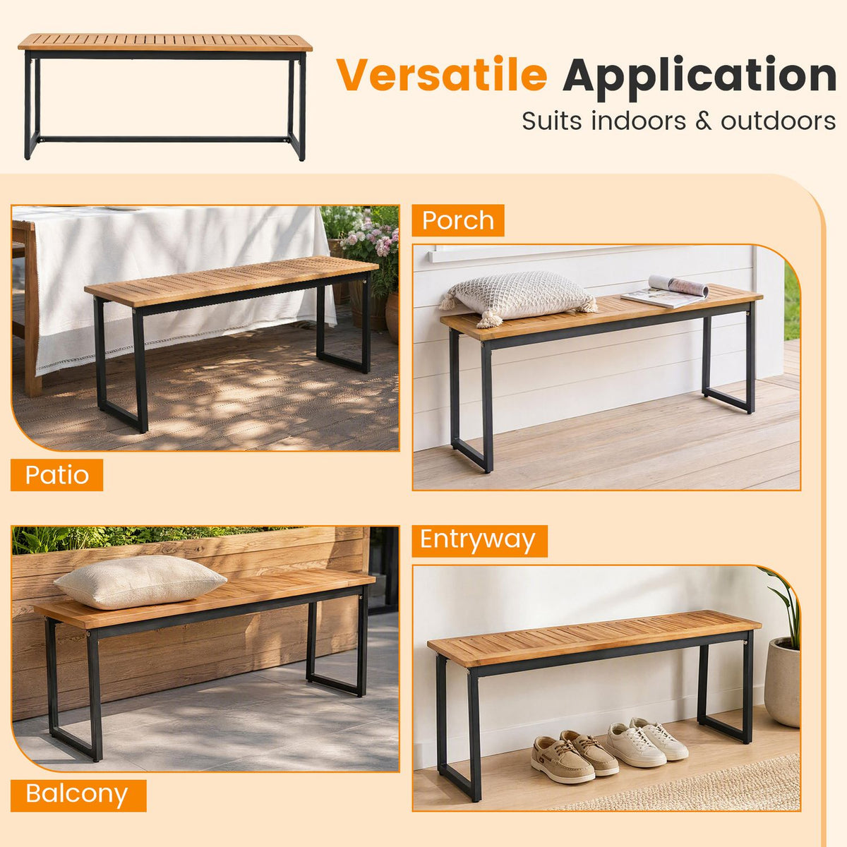 2-Seater Outdoor Dining Bench 800 LBS Max Load with Metal Legs-Setof2/Legs-Setof1