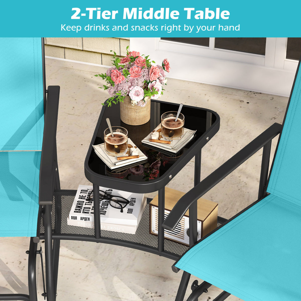 2-Seater Outdoor Glider Bench with 2-Tier Center Table