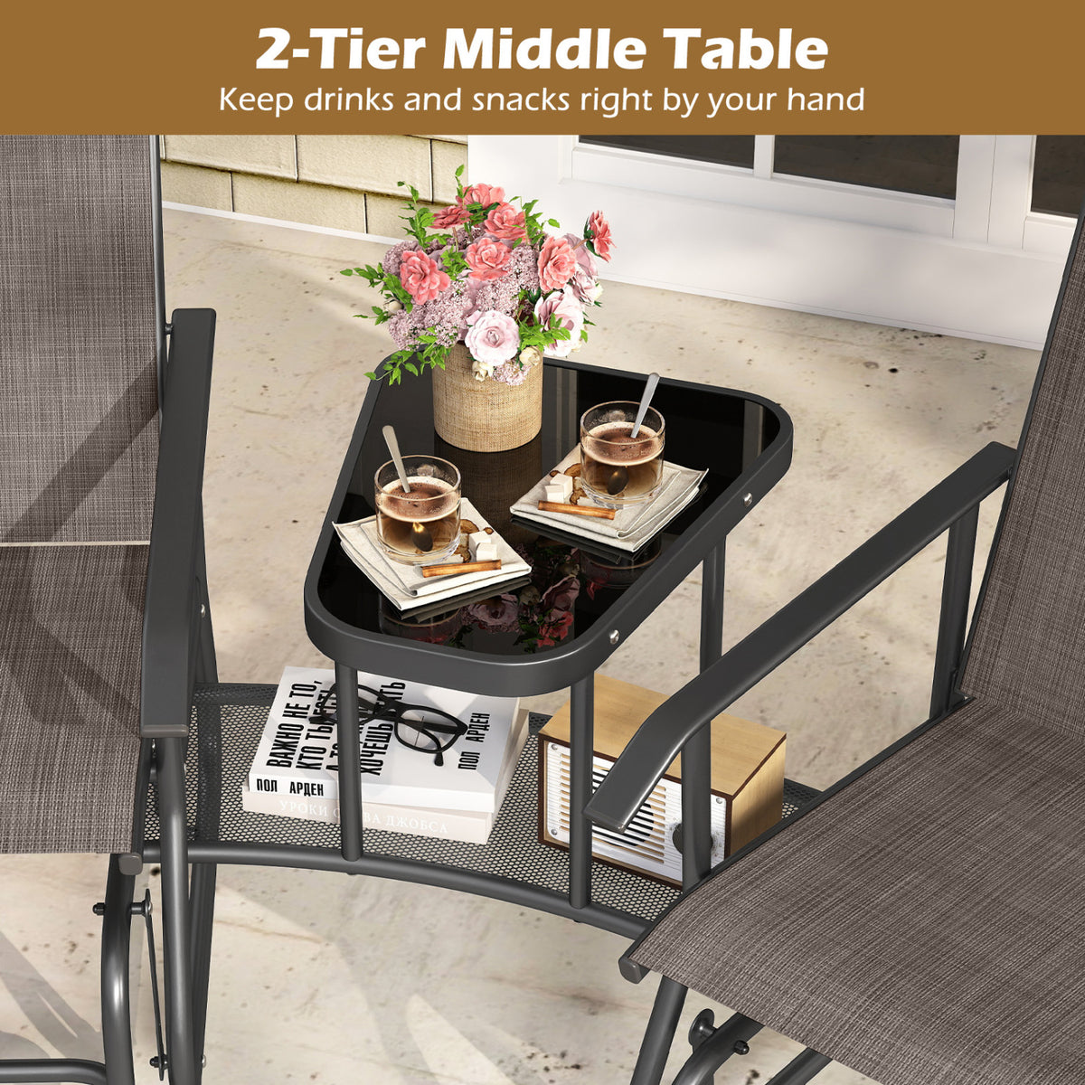 2-Seater Outdoor Glider Bench with 2-Tier Center Table