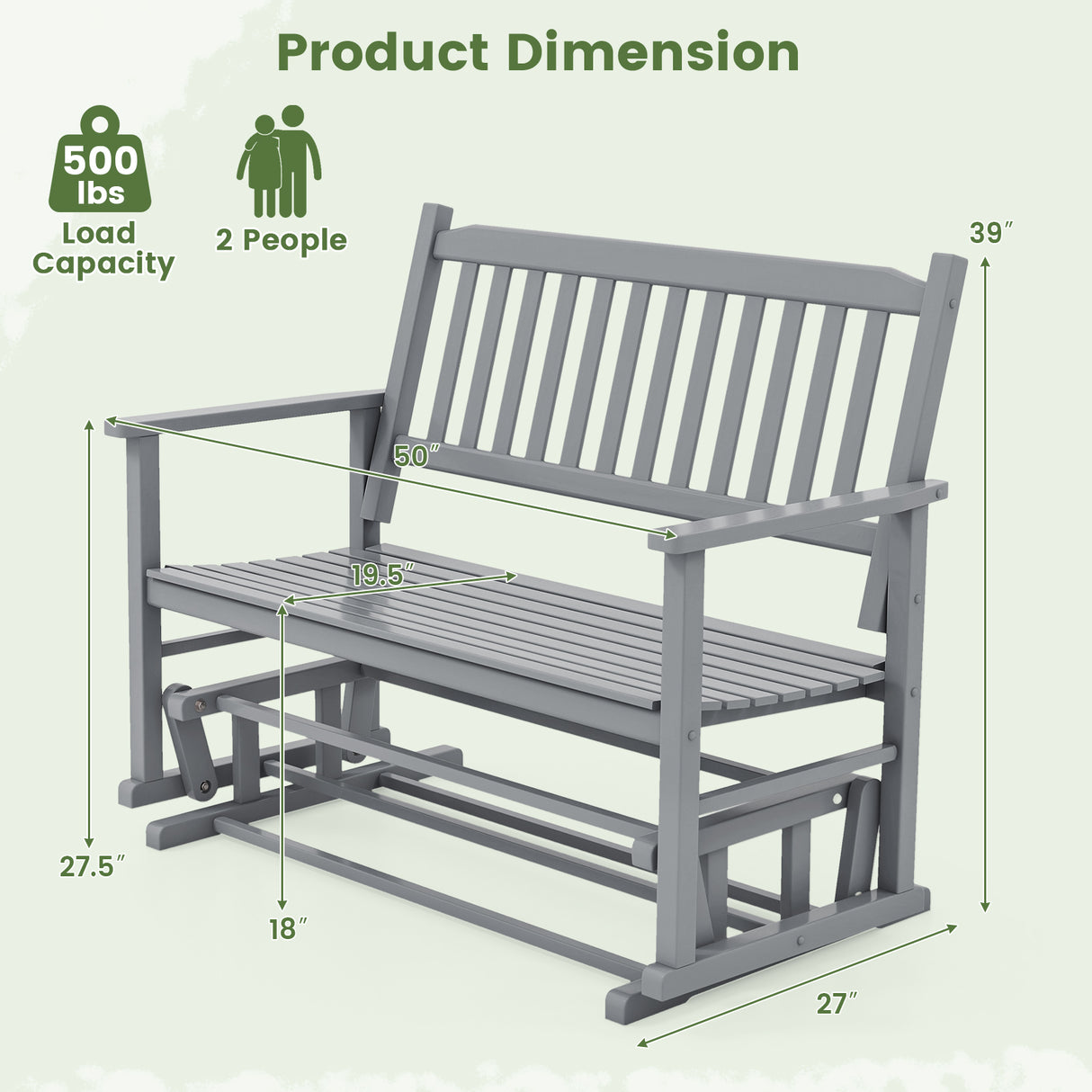 2 Seats Outdoor Glider Bench with Armrests and Slatted Seat