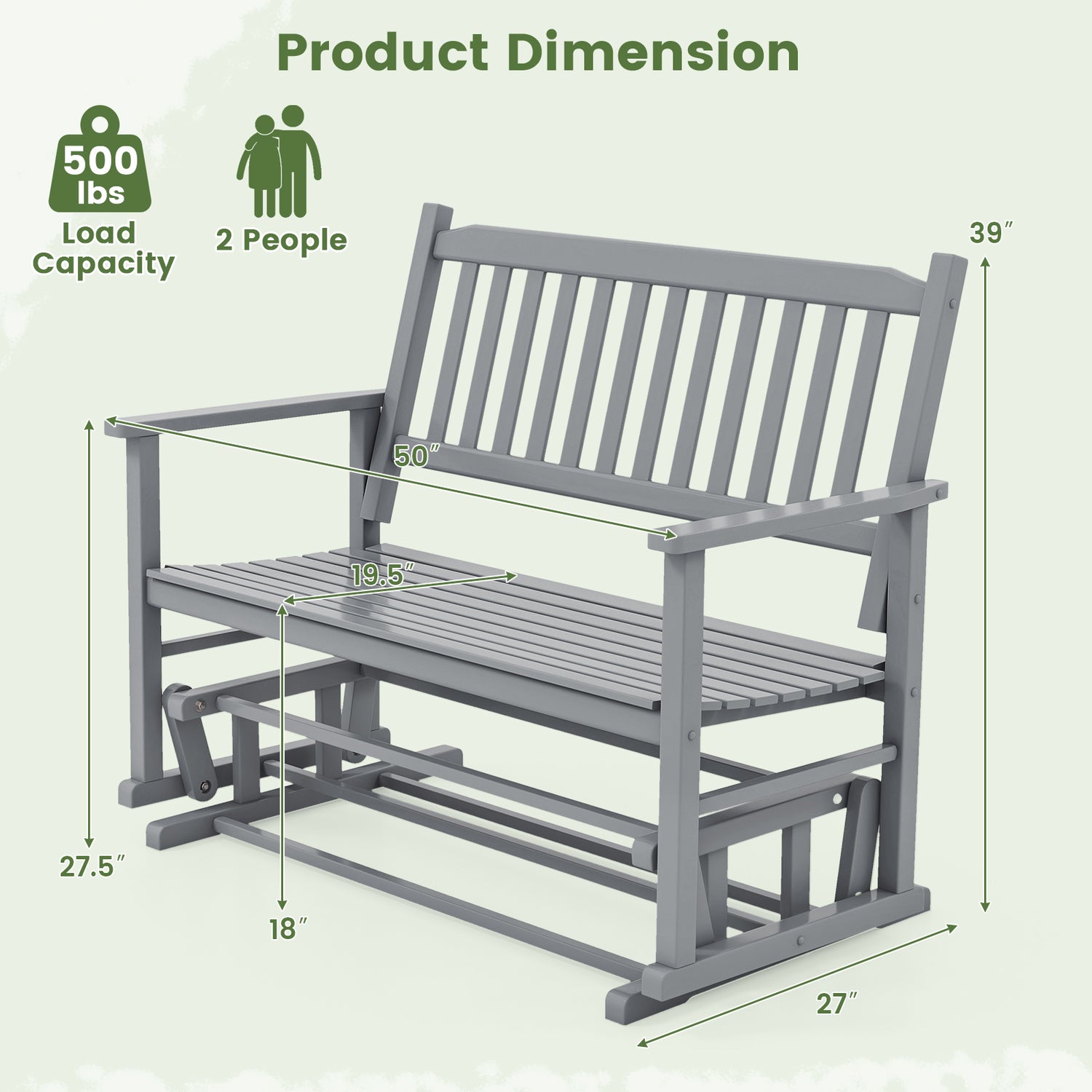 2 Seats Outdoor Glider Bench with Armrests and Slatted Seat