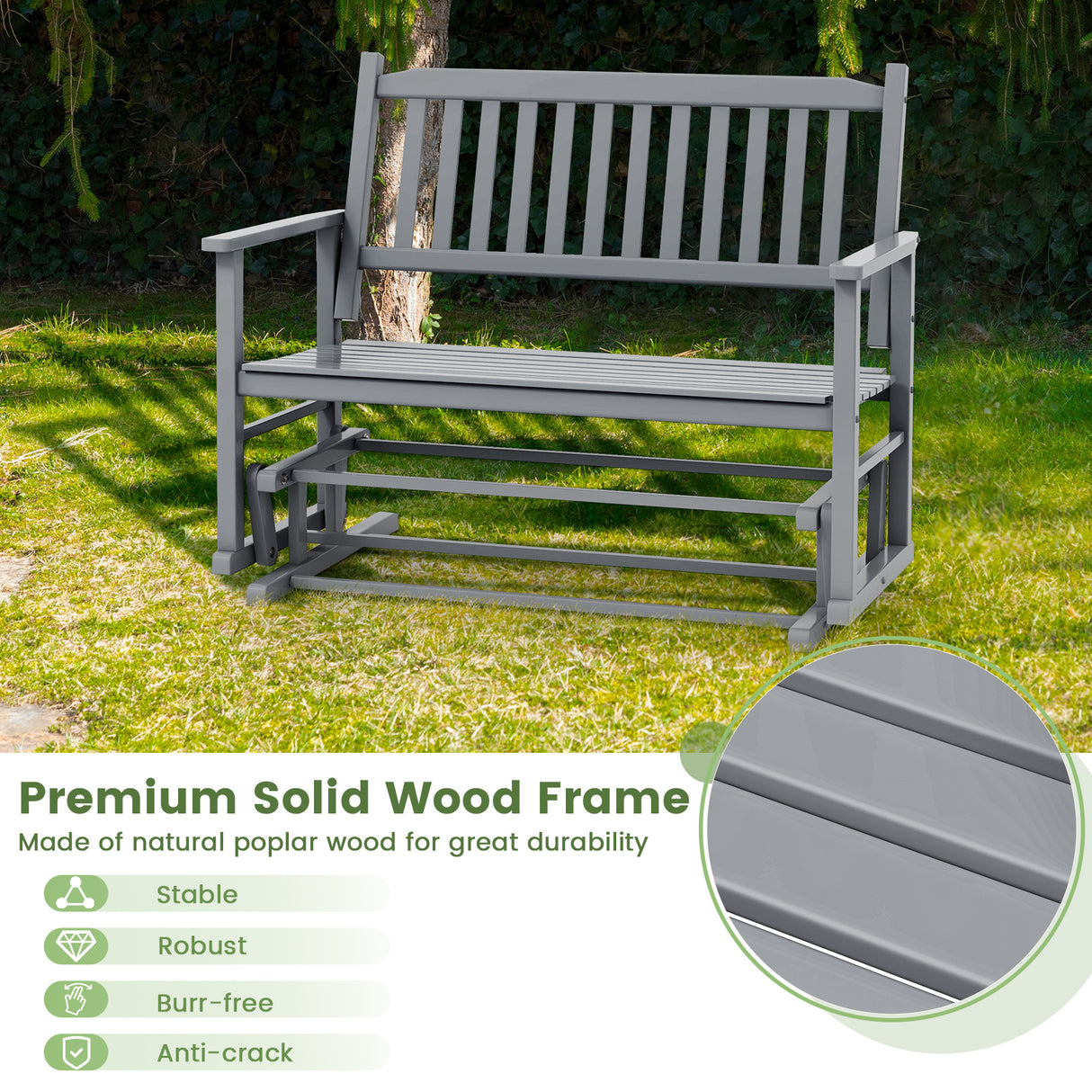 2 Seats Outdoor Glider Bench with Armrests and Slatted Seat