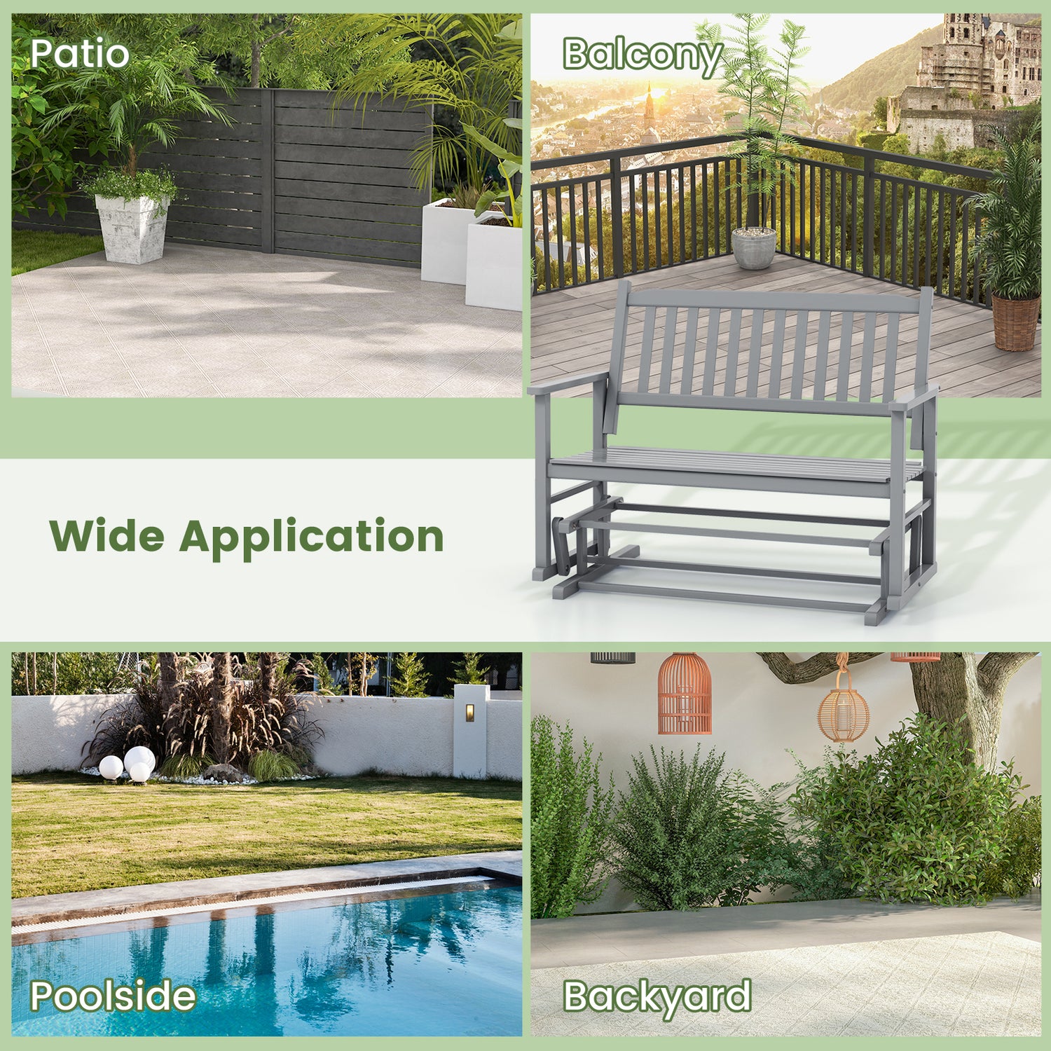 2 Seats Outdoor Glider Bench with Armrests and Slatted Seat