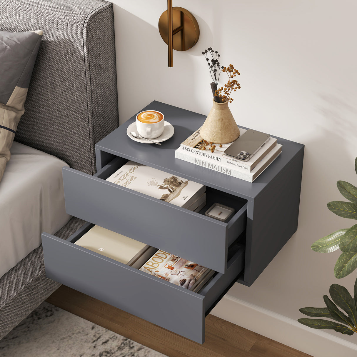 2 Storage Drawers Wall Mounted Floating Nightstand for Bedroom