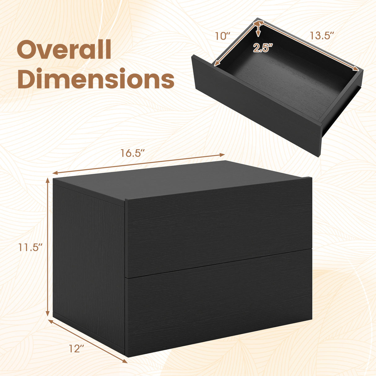 2 Storage Drawers Wall Mounted Floating Nightstand for Bedroom
