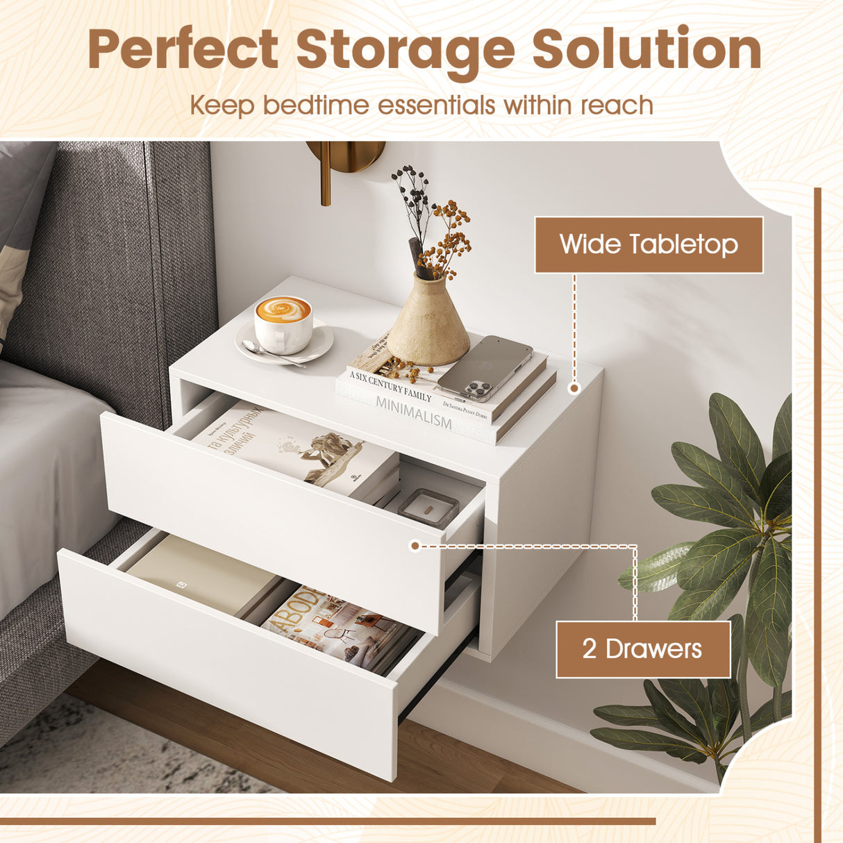 2 Storage Drawers Wall Mounted Floating Nightstand for Bedroom
